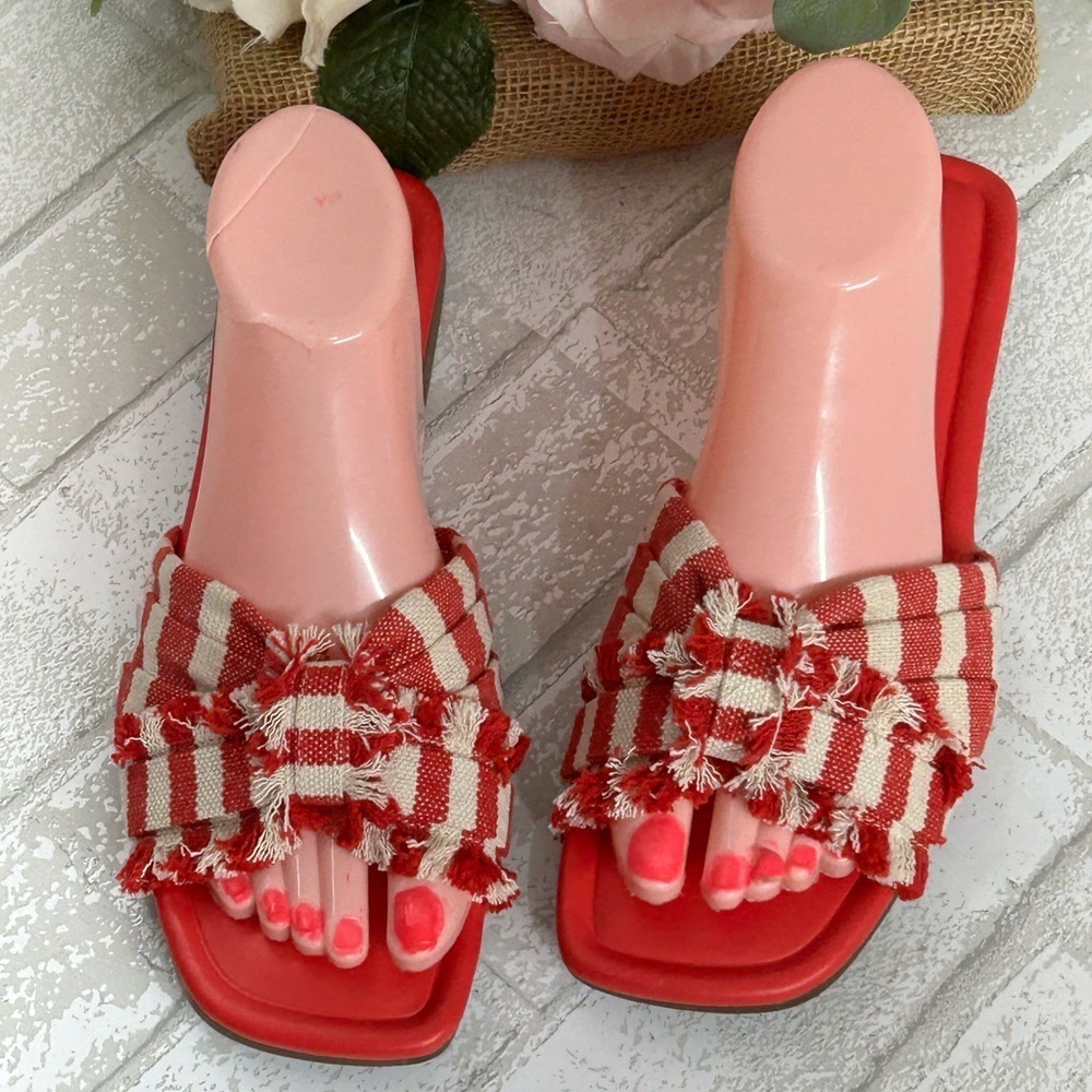 Red and White Striped Women's Slide Sandals